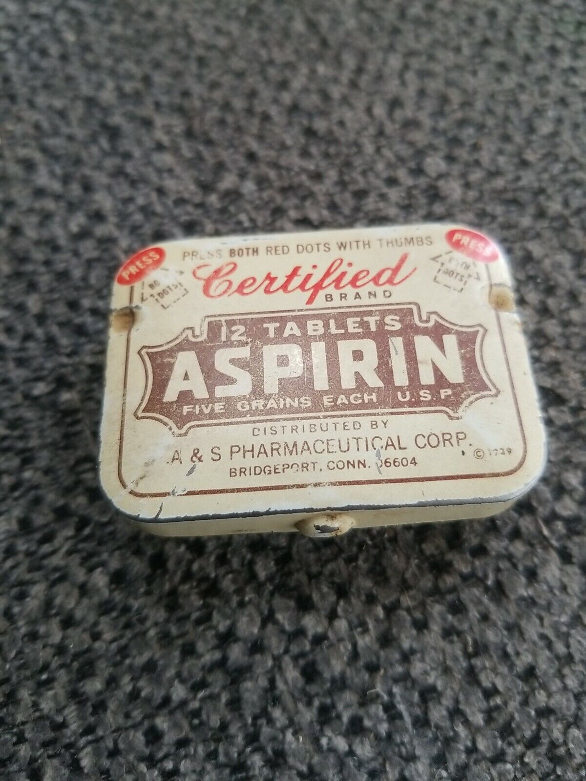 Vintage Certified Brand 12 Tablets Aspirin A&S Pharmaceuticals Corp Tin