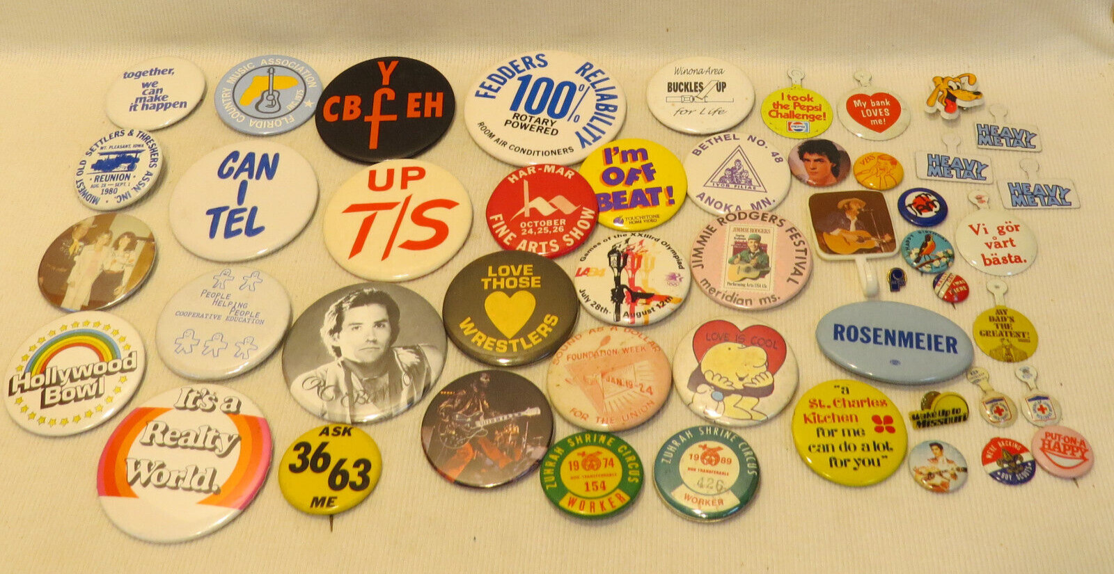HUGE Vintage Pinback Button Lot 49 Pins Humor Rock Bands Politics Advertising