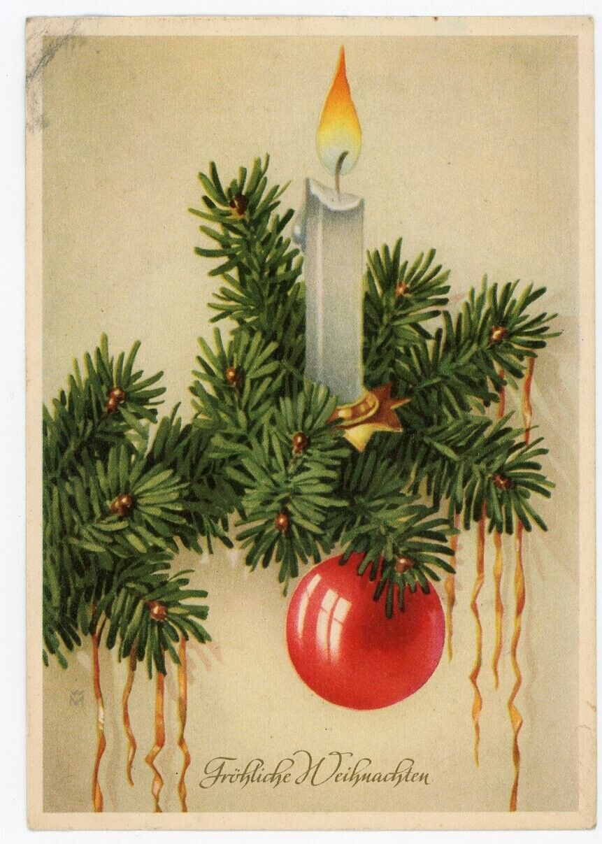 Vtg East Germany DDR Cold War Postcard Merry Christmas Candle Xmas Tree Branch