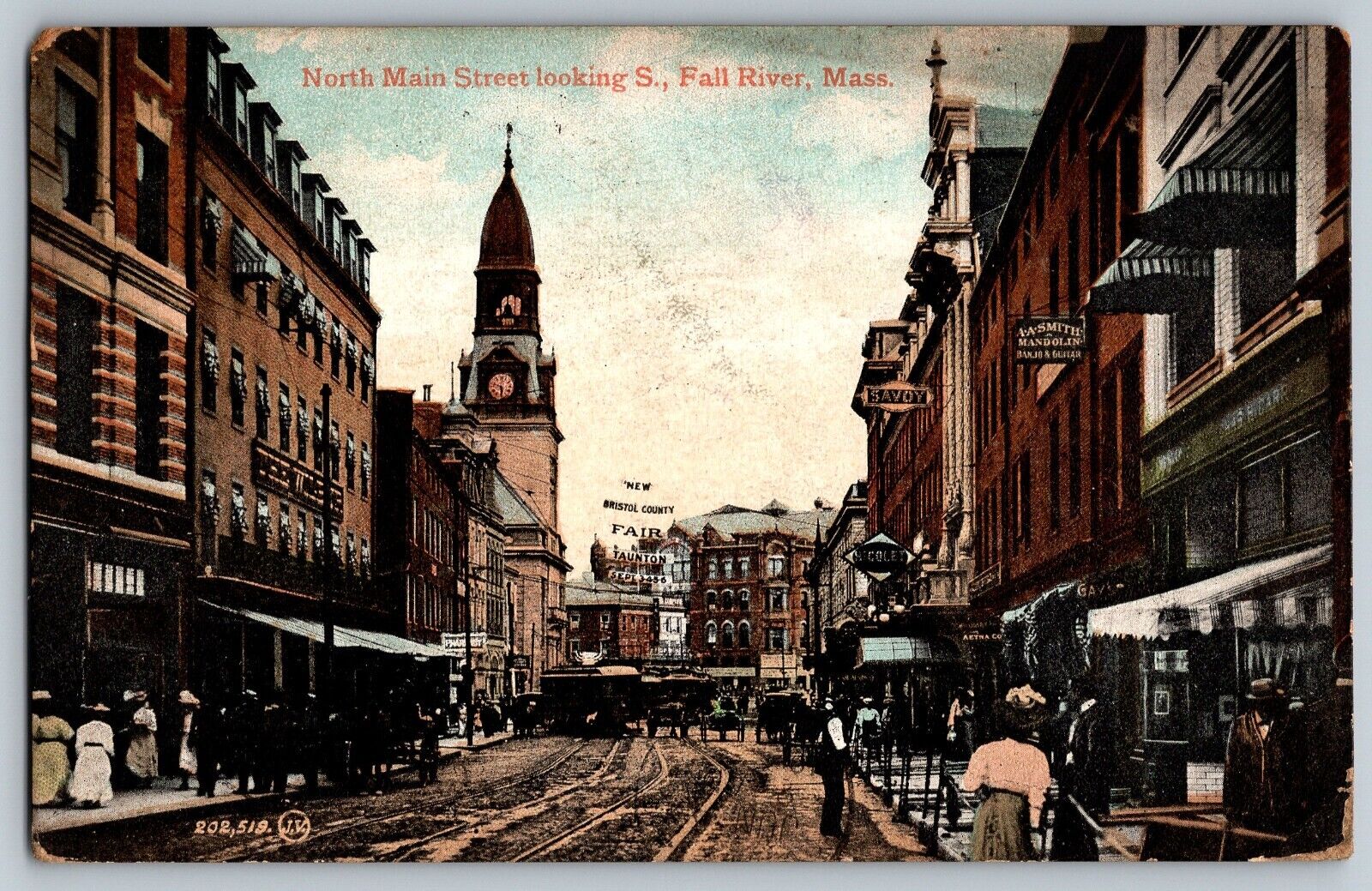 Fall River, Massachusetts - Church & Boys Club Main St. Scene - Vintage Postcard