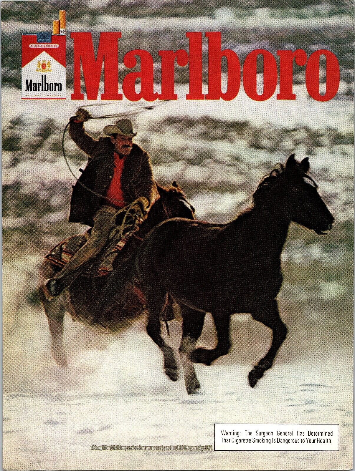 1977 MARLBORO Cigarettes Man horse roundup in snow Vintage Print Ad