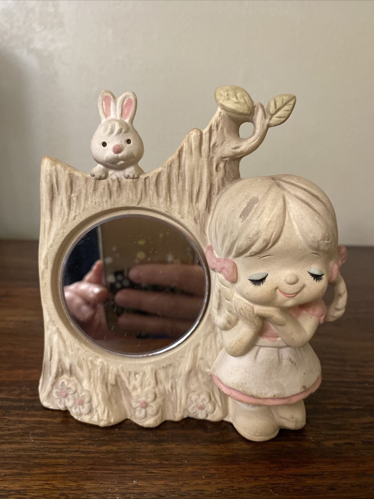 Vintage Uctci Japan Little Girl With Bunny On Tree Trunk Mirror Figurine