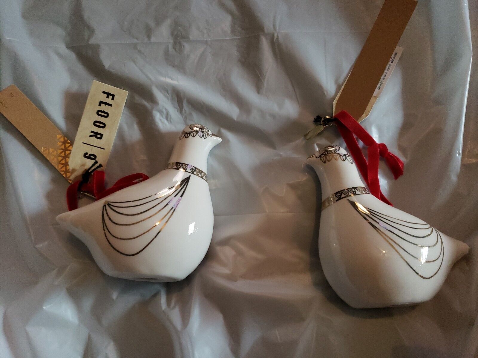 Set of 2 Floor 9 Christmas Tree Ornament Dove Great Gift Beautiful white & gold