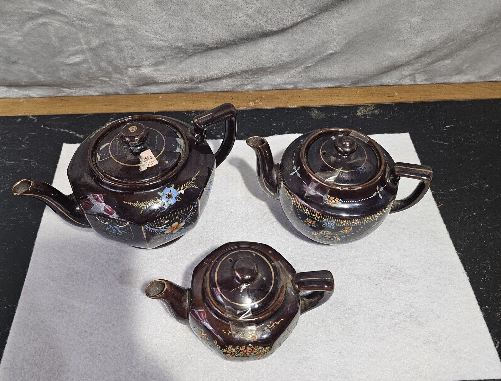 Vtg Teapot Brown Glaze Redware hand-painted Moriage Japan Mid-Century Set 3