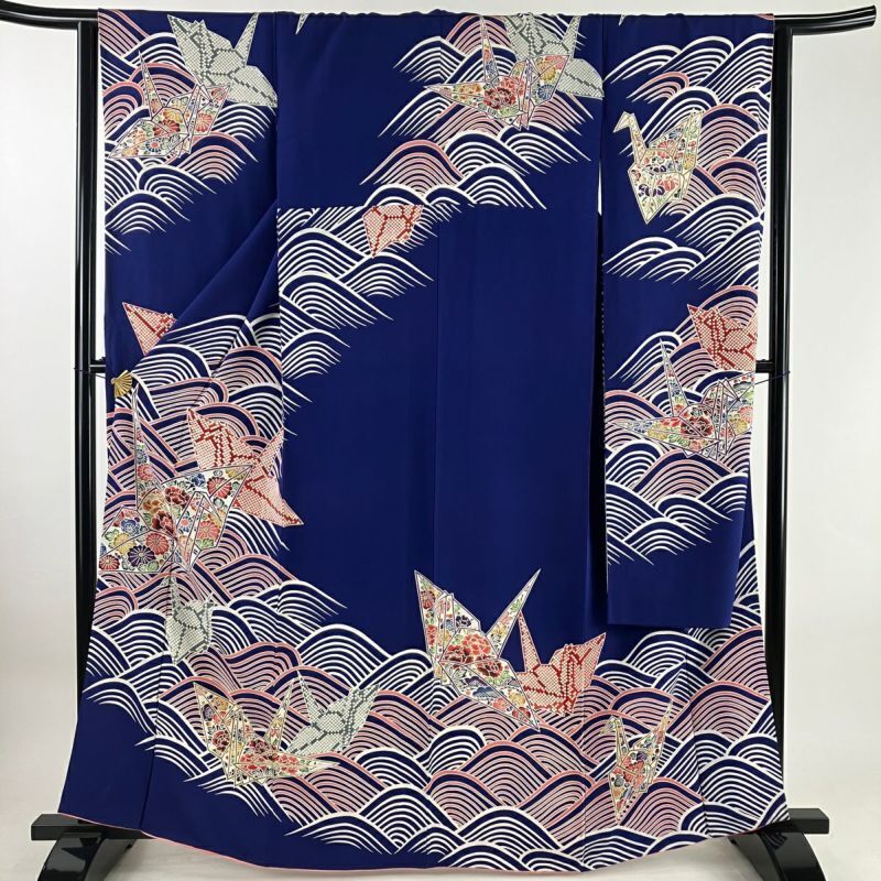 64.8inc Japanese Kimono SILK FURISODE Folded crane Wave Blue purple