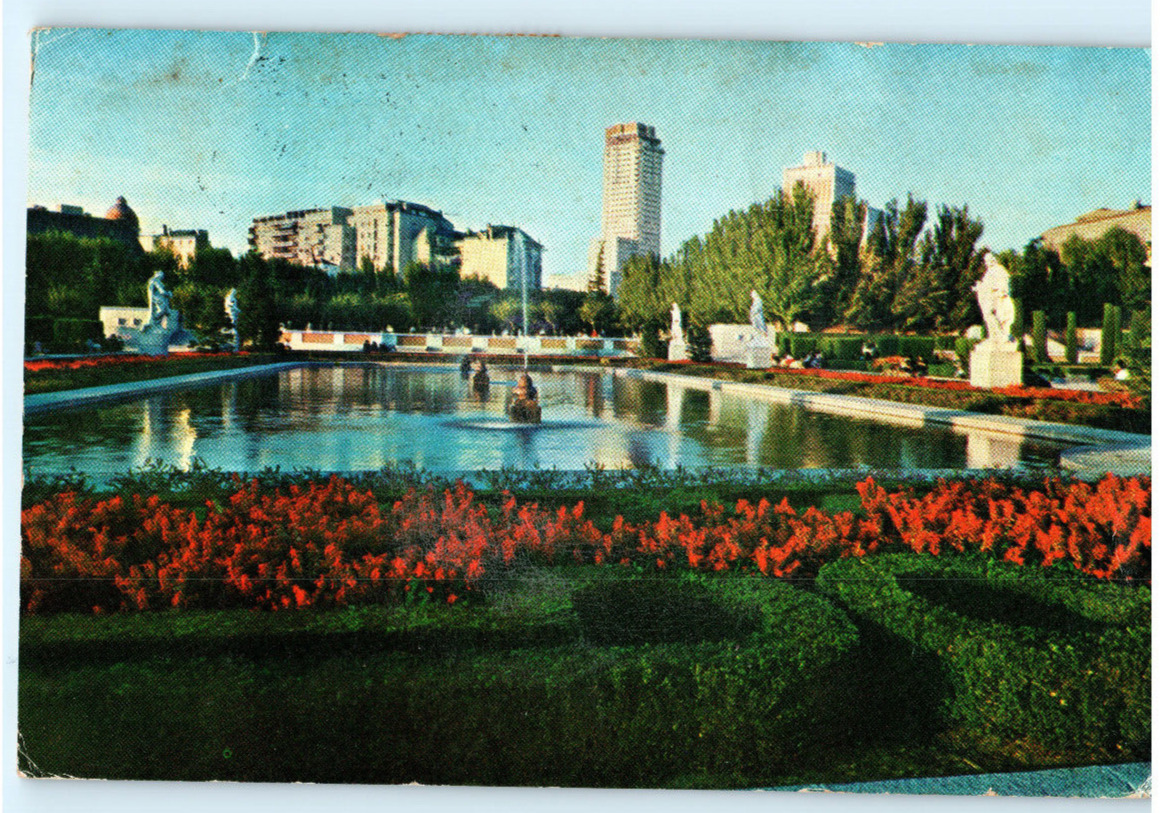 Vintage Postcard RPPC, Madrid Spain Skyline, Sabatini Garden , 1959, Used 