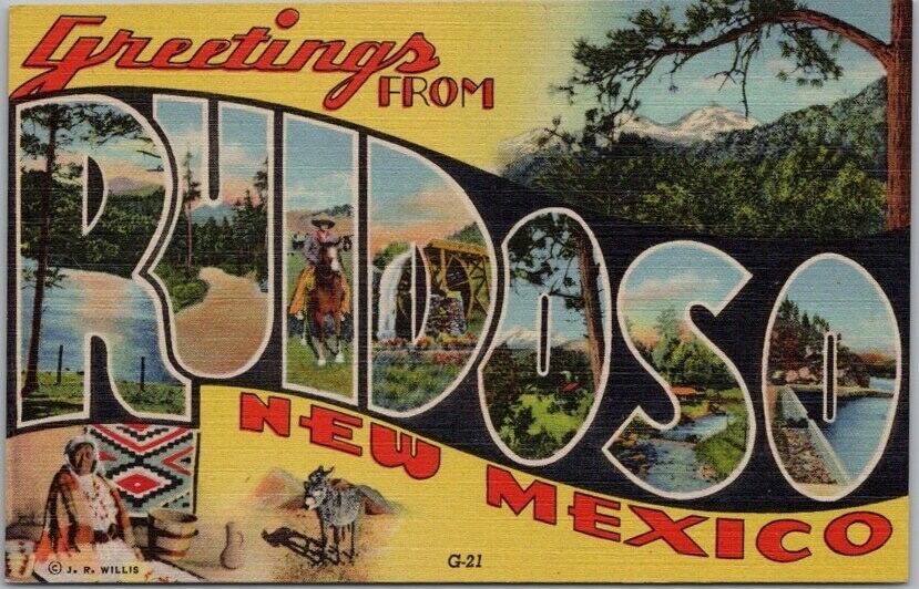 Vintage 1939 RUIDOSO, New Mexico Large Letter Postcard Multi-View Curteich Linen
