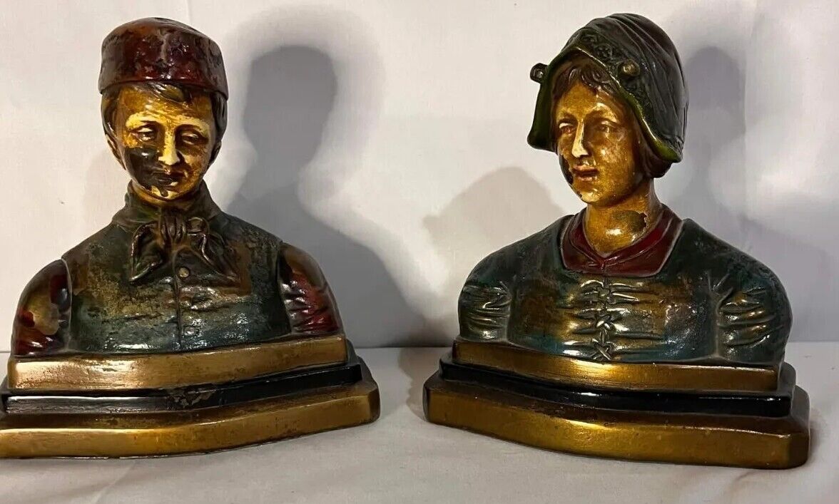 Pair of Polychromed Bronze Busts of a Dutch Boy & Girl w/ Makers Mark on Verso