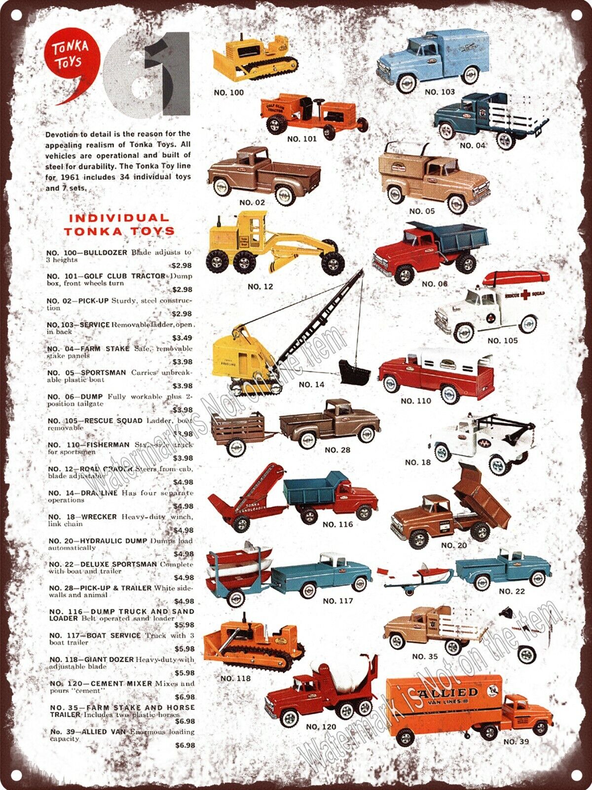 1961 Tonka Toys Steel Truck Bulldozer Shovel Crane Allied Metal Sign 9x12\