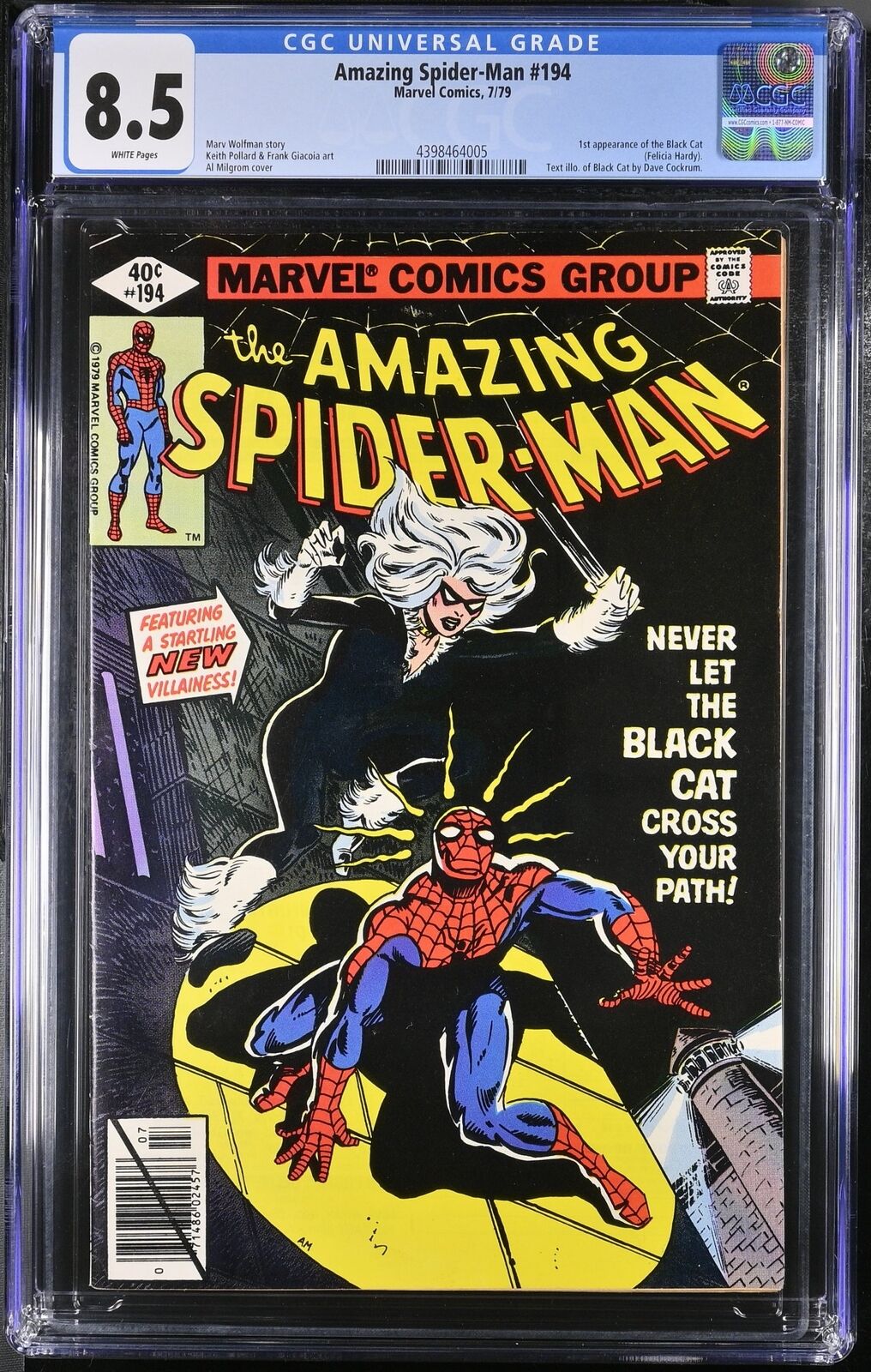 Amazing Spider-Man #194 CGC VF+ 8.5 White Pages 1st App Black Cat Marvel 1979