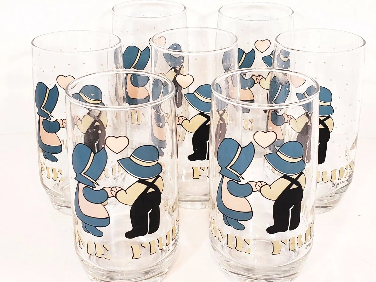 Vintage 1988 Anchor Hocking Welcome Friends Lot Of 7 Drinking Glasses Amish Folk