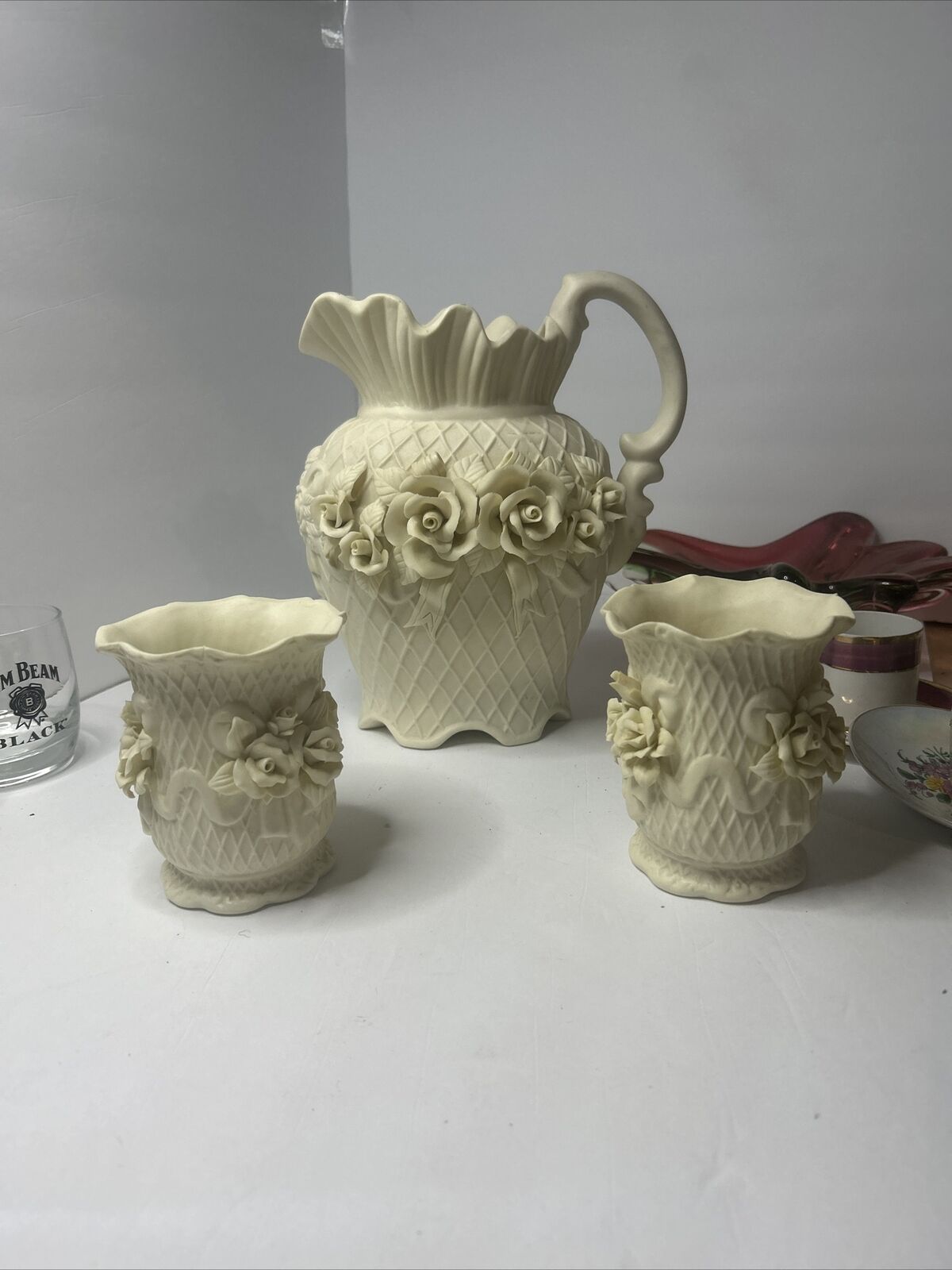Vintage Ivory Porcelain Vase With Raised Roses