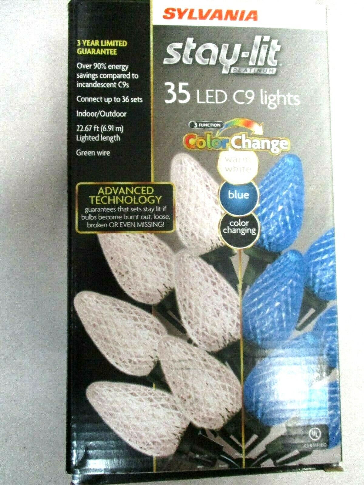 SYLVANIA STAY-LIT 35 C9 COLOR CHANGE WARM WHITE TO BLUE LED LIGHTS - NEW
