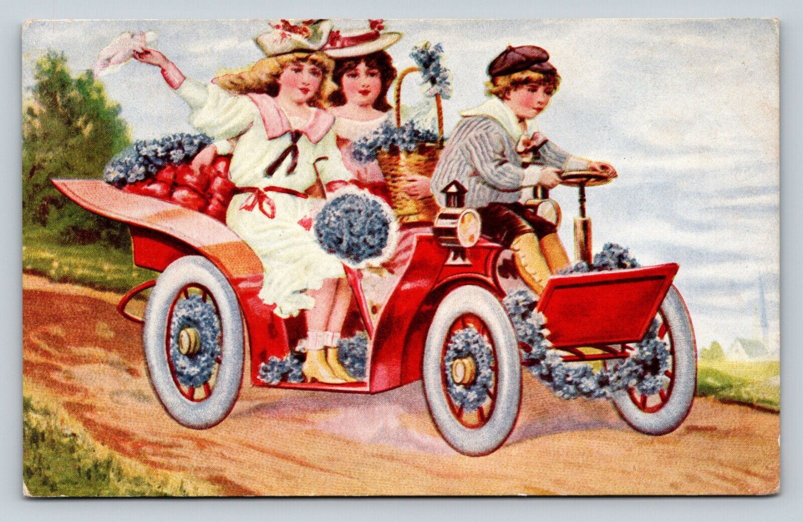 c1909 Boy Driving Two Girls In An Antique Red Car ANTIQUE Postcard