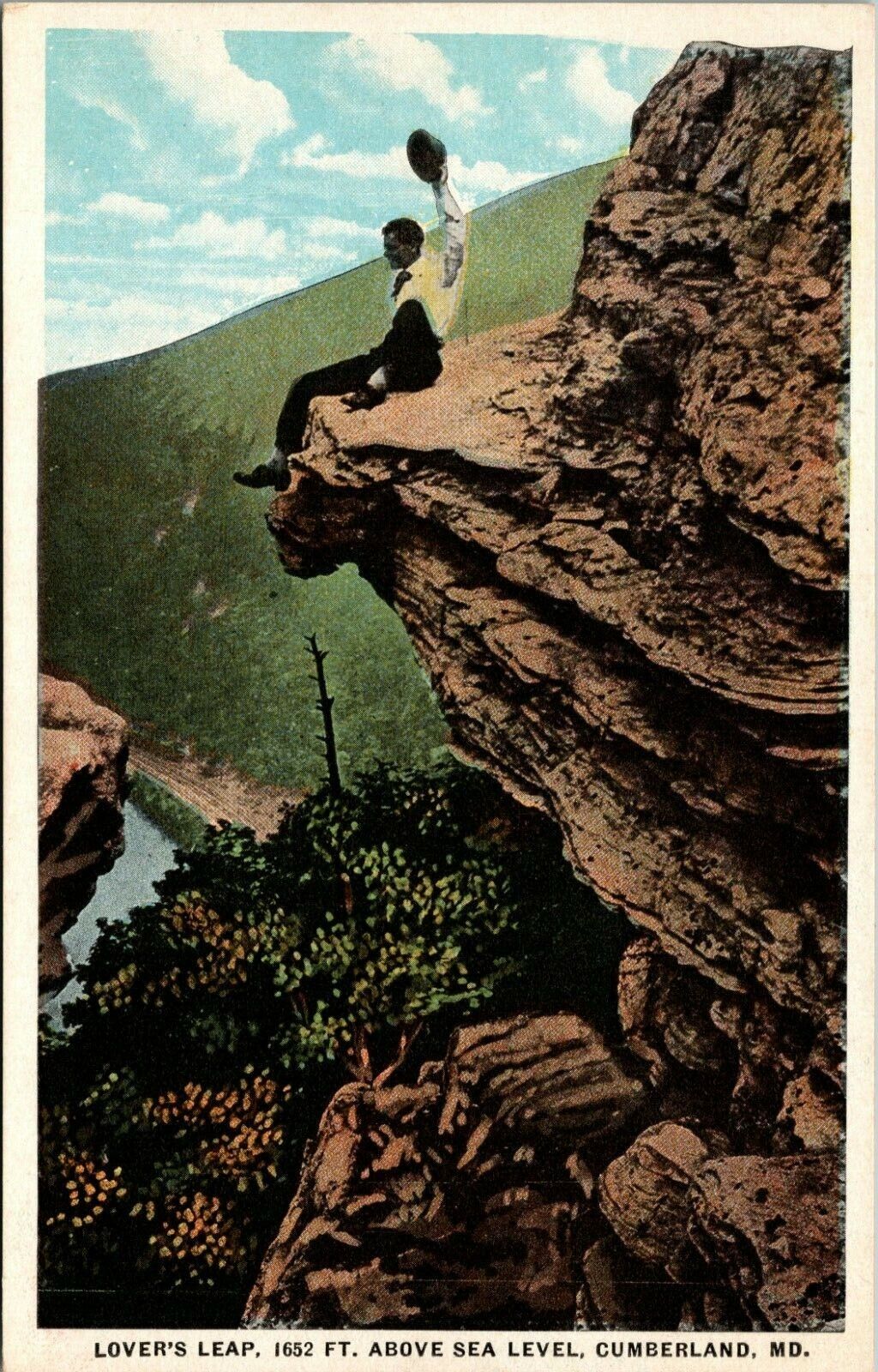 Postcard Lover's Leap 1652 FT Above Sea Level, Cumberland, MD Man On Ledge 