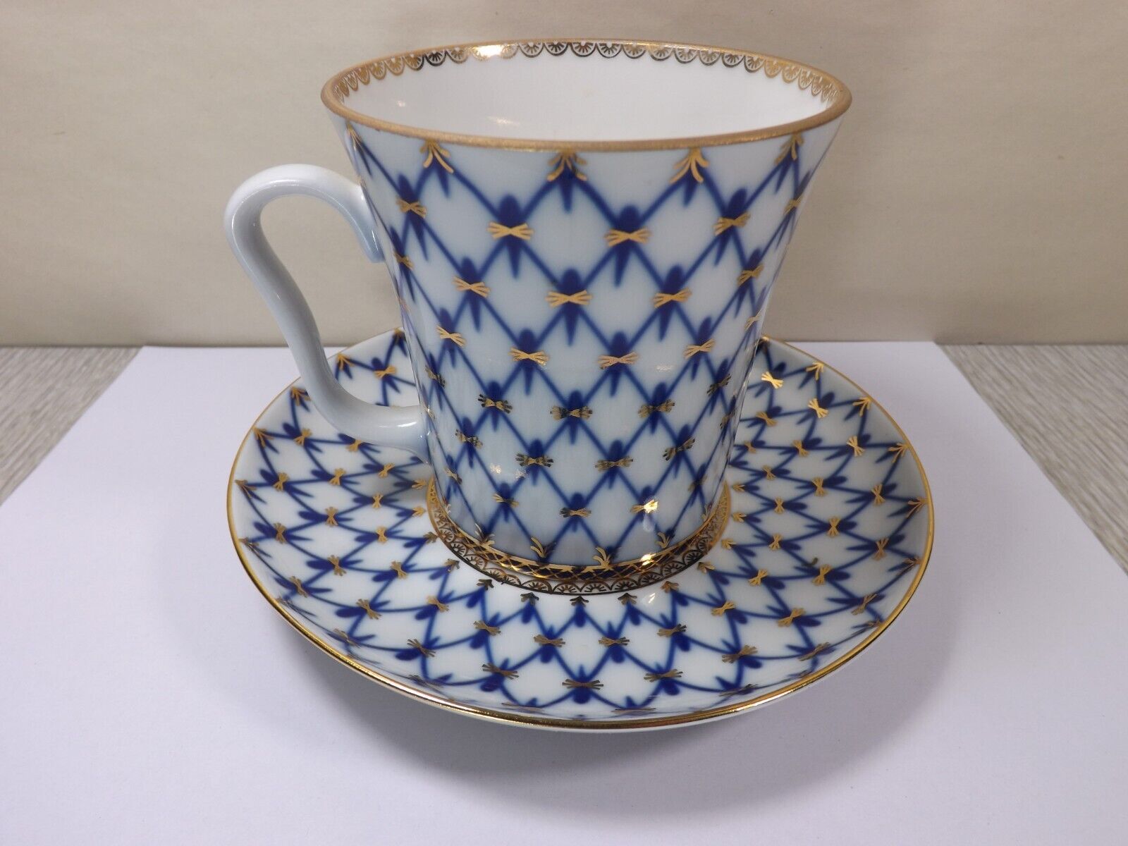 Lomonosov Porcelain Cobalt Blue Gold Net Teacup Mug & Saucer St . Petersburg