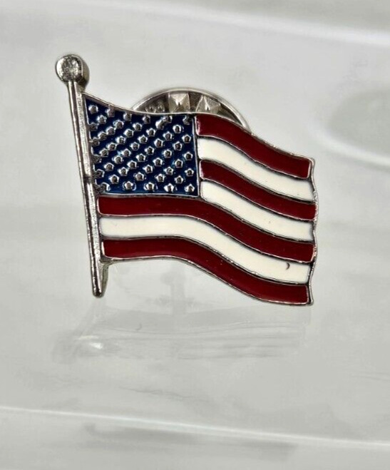 Enamel American Flag Lapel Pin~USA Patriotic Silver Tone Hat Tie Tack Back