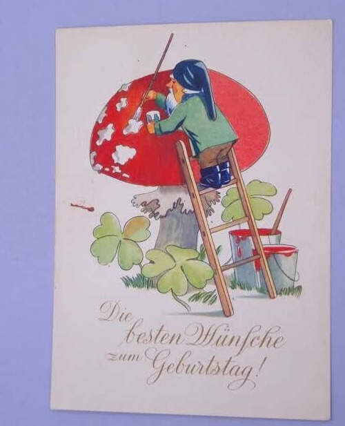 Dwarf Gnome Painting Toadstool Mushroom Vintage Fantasy Postcard Germany Unused