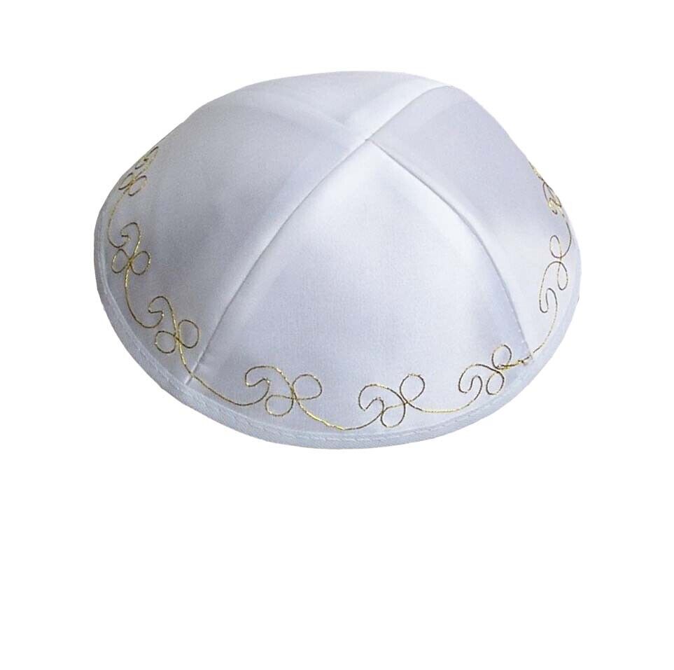 Gorgeous White Satin Kippah Jewish Yarmulke Bris Silver Embroidery Barmitzvah 