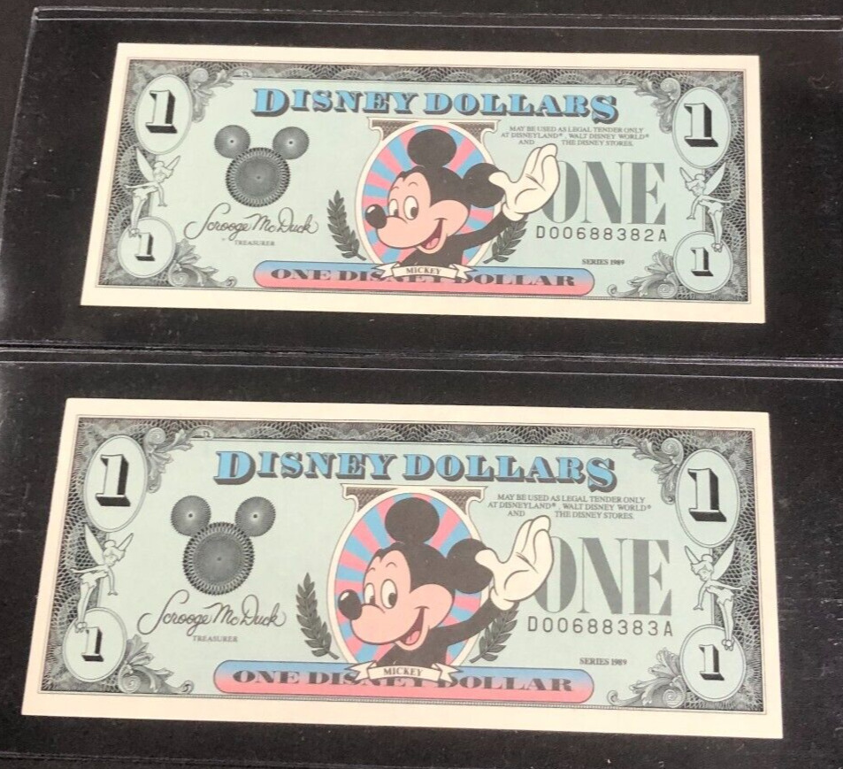 1989 Disney Dollars *Rare Printing Error & Consecutive Numbers* Uncirculated
