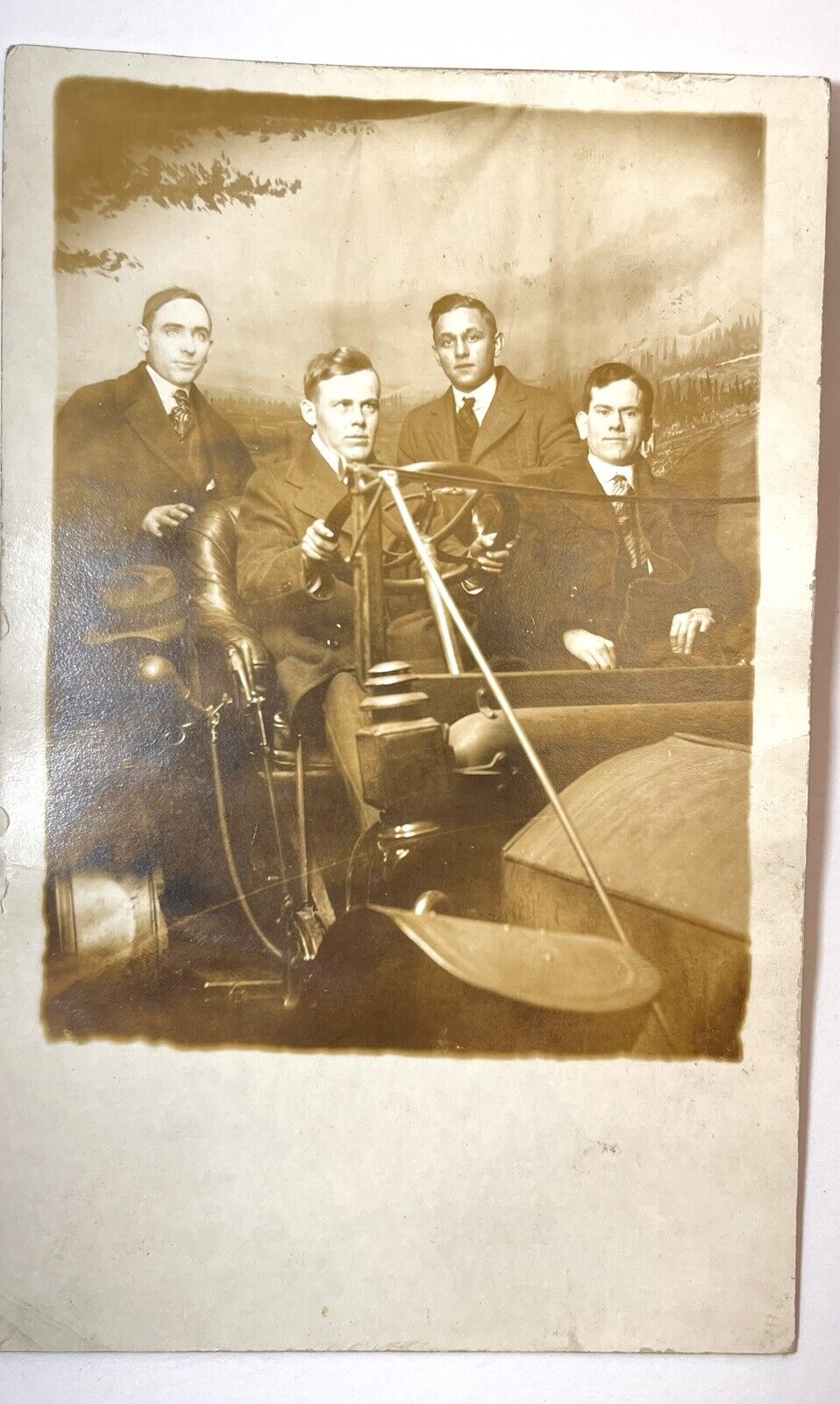 Vintage RPPC Four Men in Early Automobile ~ Real Photo Postcard ~ Old Car Auto