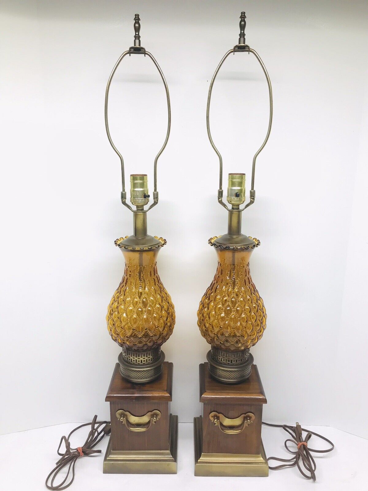 Vintage Mid Century Modern Amber Glass Table Lamps Pineapple Shape 34”