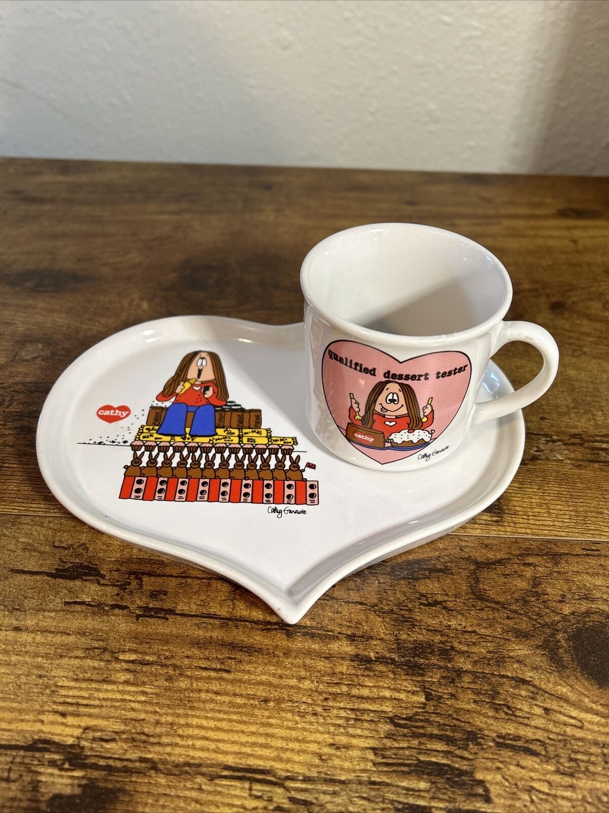 Vintage Cathy Comic Qualified Dessert Tester Heart Shaped Dish & Cup Stoneware