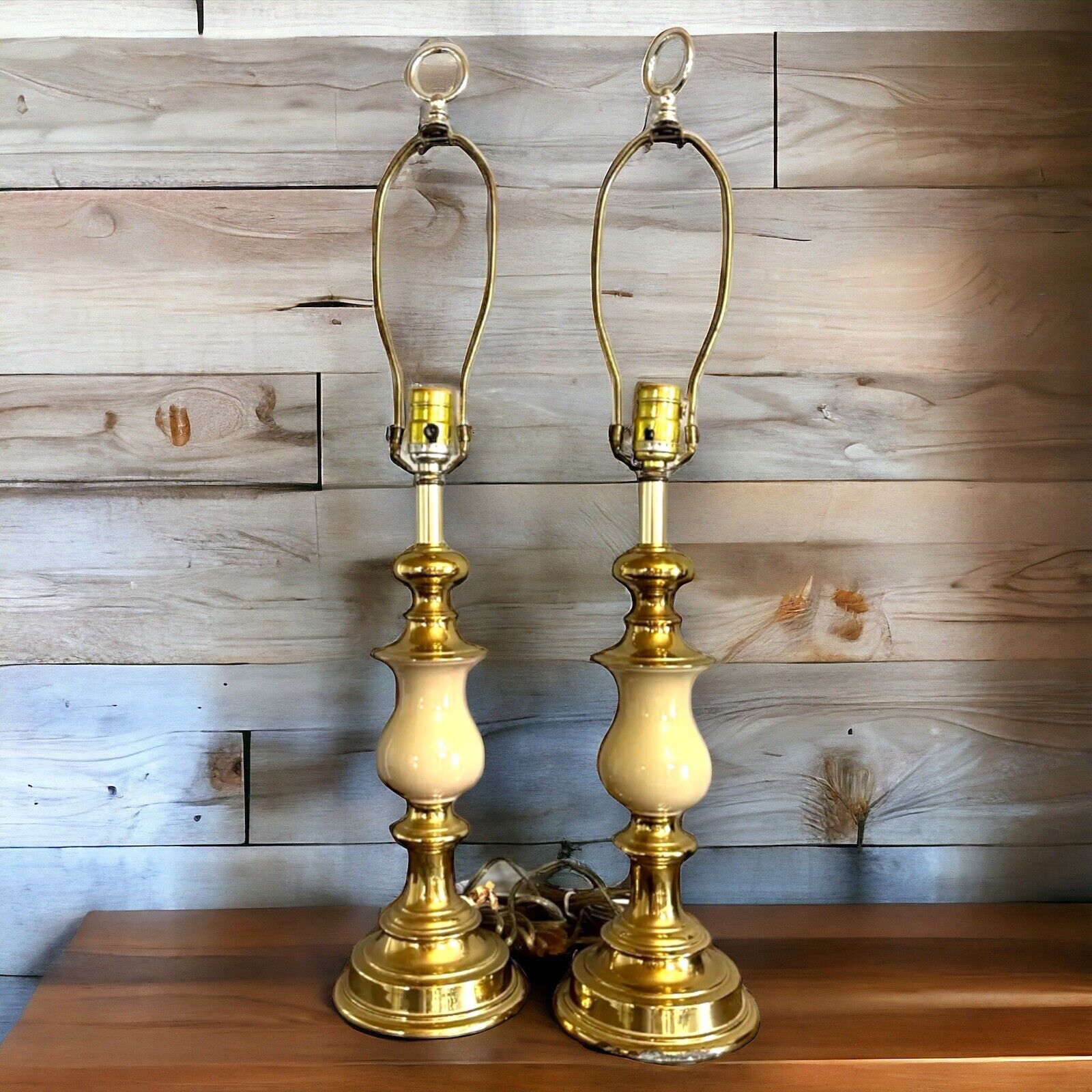 Stiffel Vintage Mid Century Modern Brass Ivory Table Lamps 29