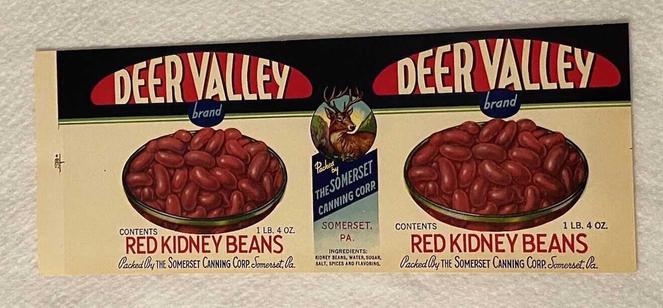 Vintage Deer Valley Kidney Beans FOOD Can Label NOS The Somerset Canning Corp