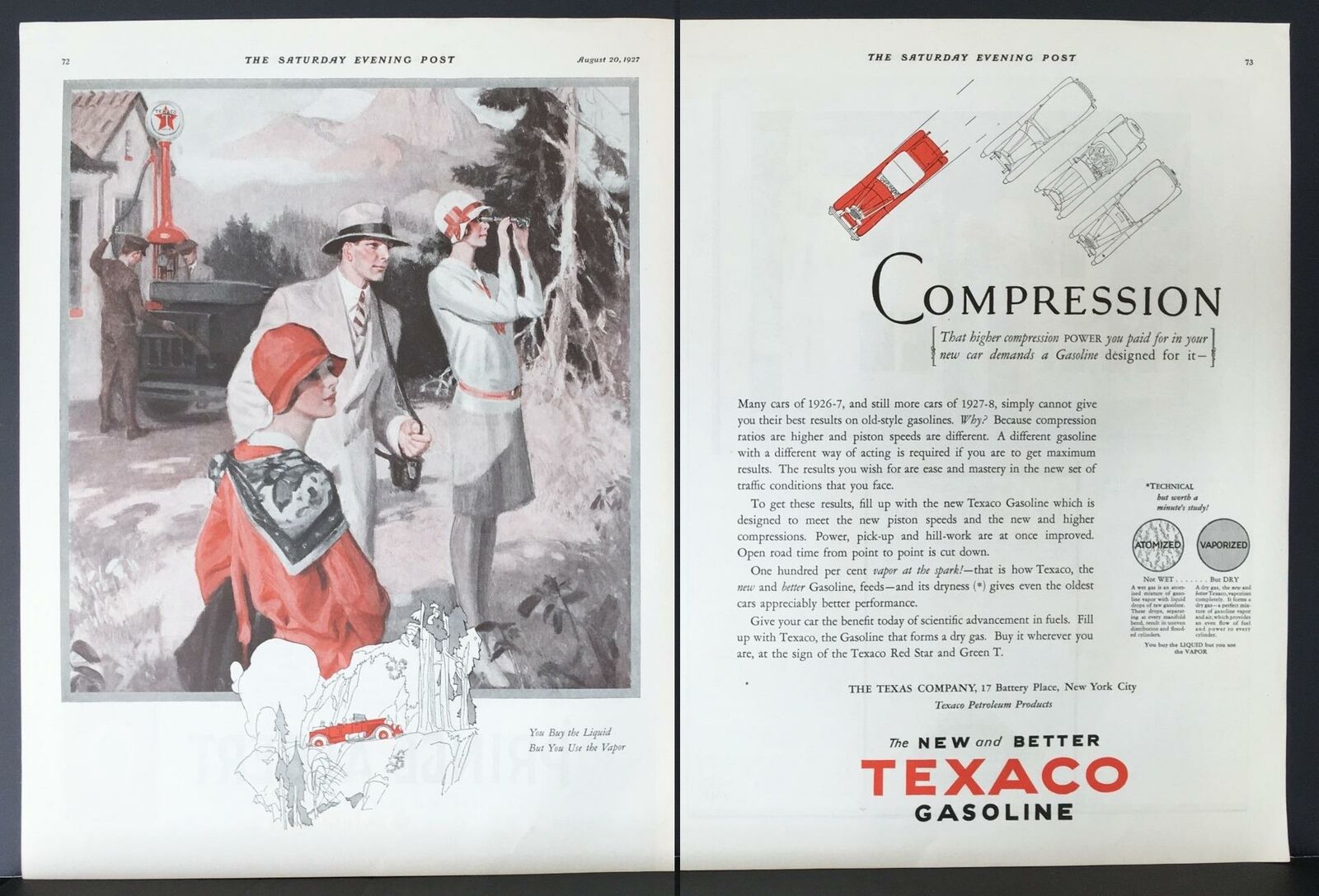 1927 Texaco Gasoline Fuel Pump Compression Liquid Vapor Vintage Print Ad