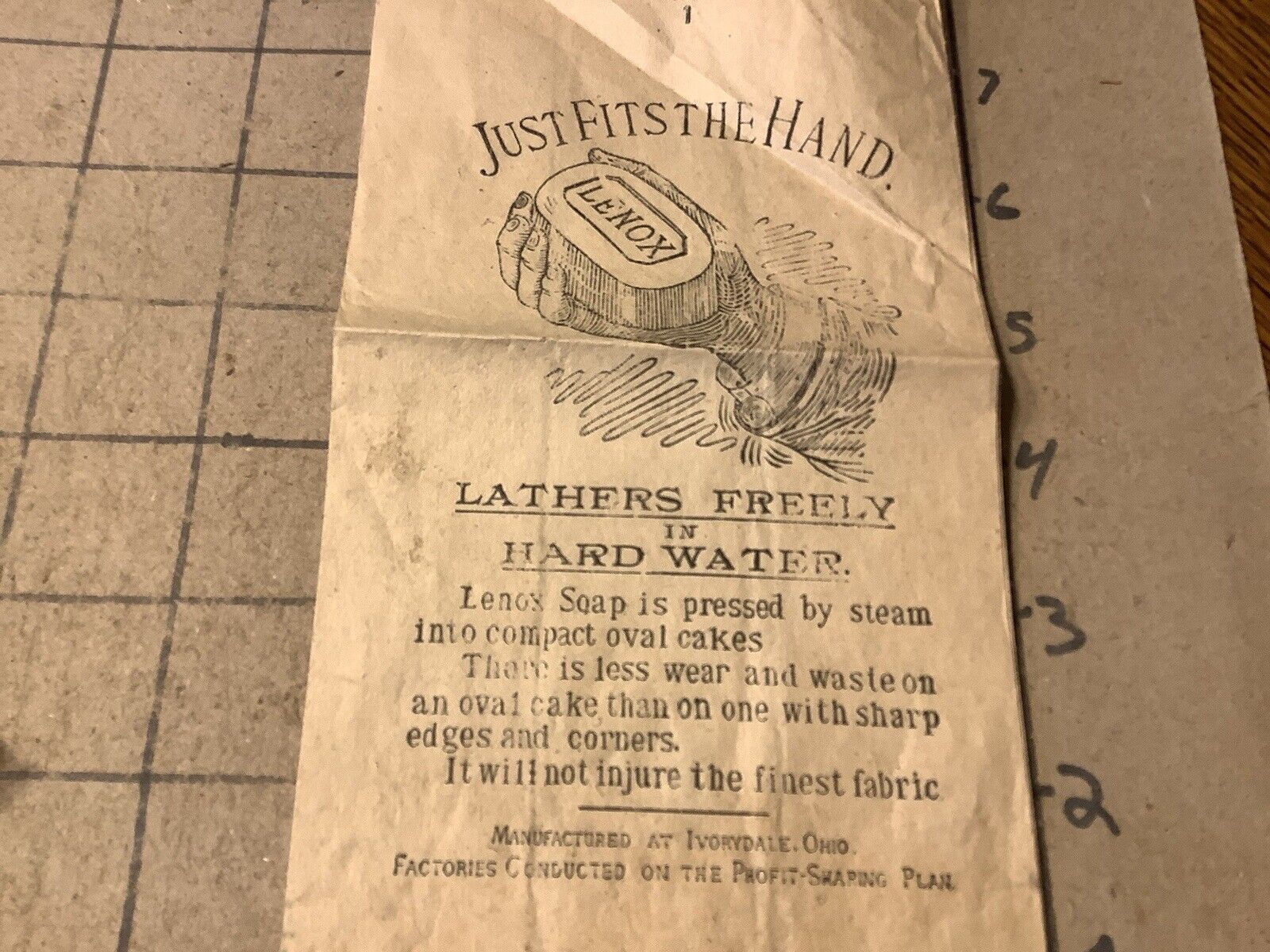 original Antique LENOX SOAP paper bag w hand image, Ivorydale ohio, Very Scarce.