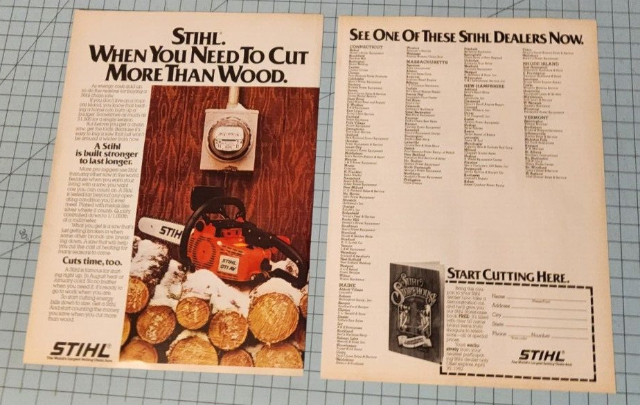 1981 Vintage 2 Page Print Ad Stihl Chain Saw Dealers List When You Need To Cut