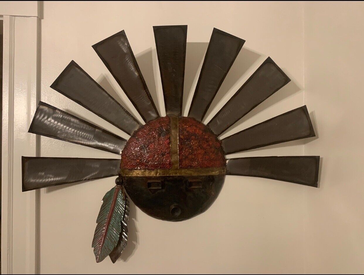 Zuni Sun face  39” Wall Hanging Hand Craft Metal Native American Art W/Feathers