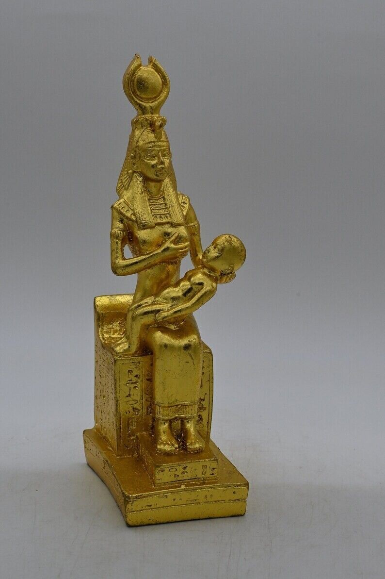 Rare Ancient Egyptian Statue - Isis Breastfeeding Baby Horus in Gold Leaf