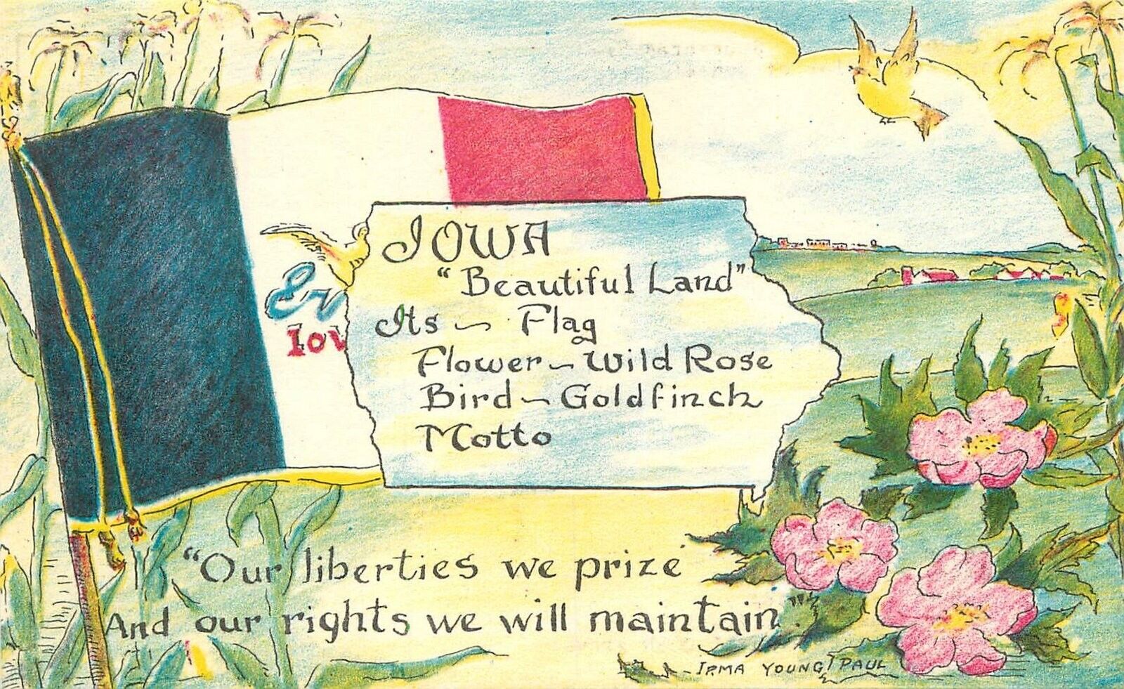 Postcard 1950s Iowa Flag flowers bird song Paul 23-12408