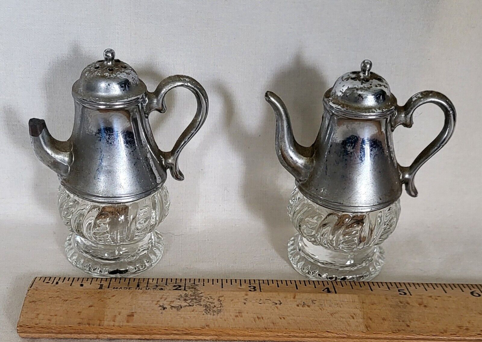 Vintage Heavy Glass and Metal Tea Pot Salt and Pepper Shakers One Broken Spout