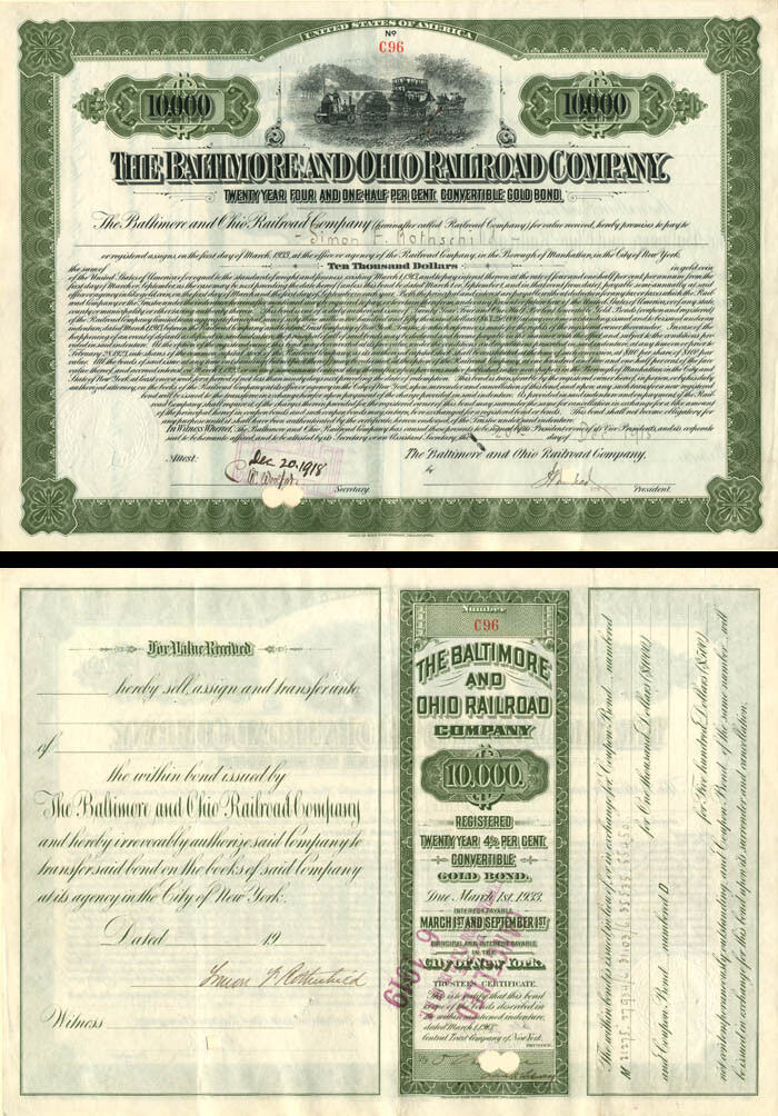 Baltimore and Ohio Railroad Co. Issued to and Signed by Simon Rothschild - Autog