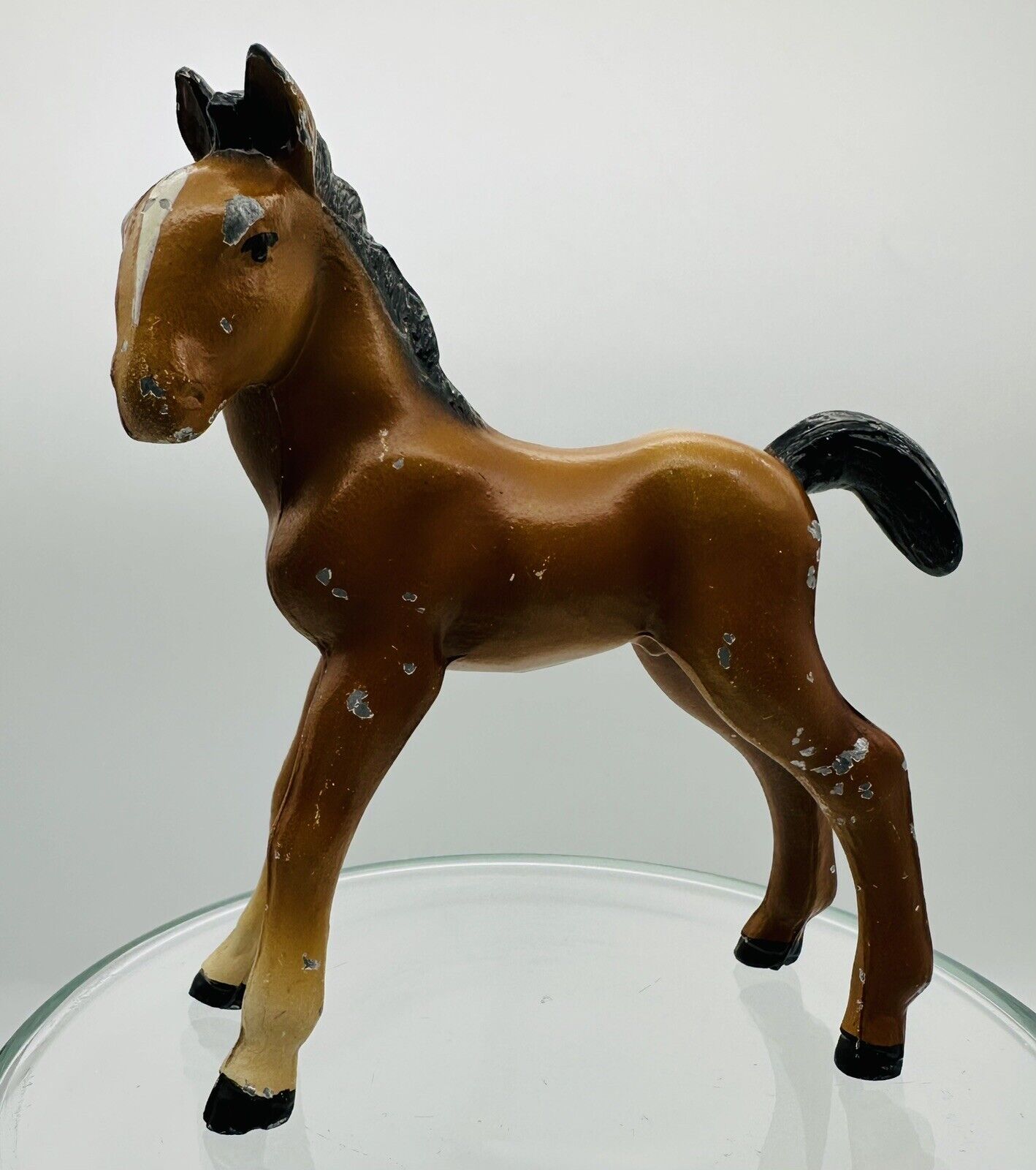 Old Painted Metal Baby Horse Figurine Colt Foal Brown w/ Black Mane Pony Filly
