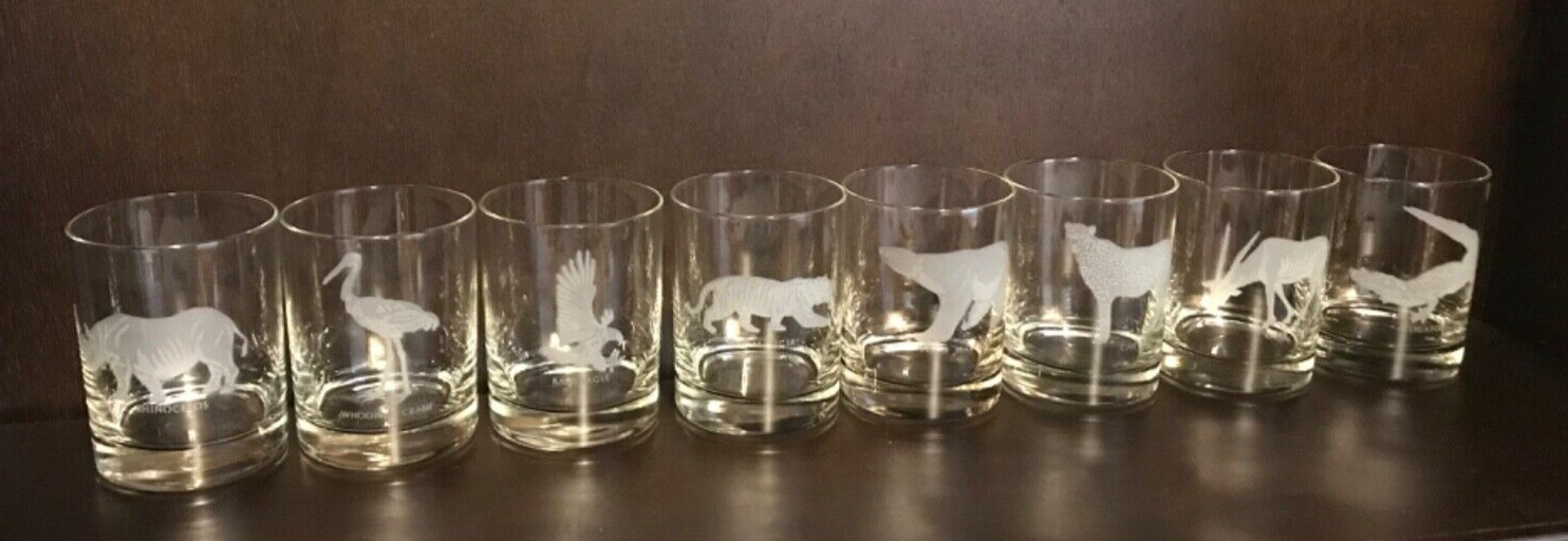 8 Georg Jensen Etched Wildlife Old Fashioned Glasses Bald Eagle Cheetah Bengal T