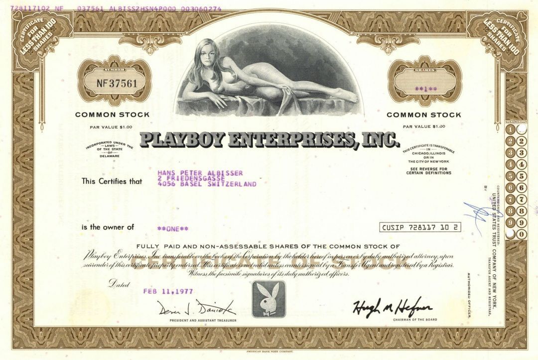 LAST ONE Fully Issued Playboy Enterprises, Inc - dated 1970's-1980's Stock Certi