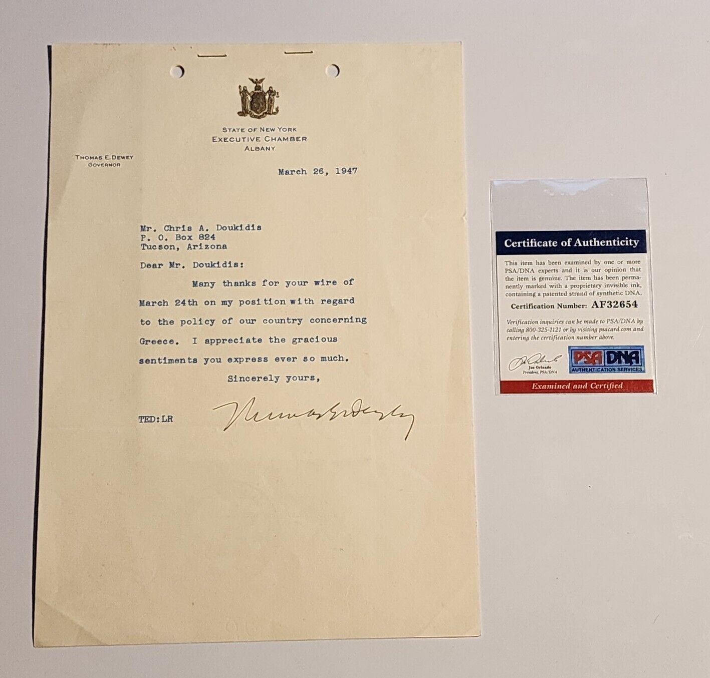 Thomas E Dewey Signed PSA DNA Letter Autograph Politician COA Auto Harry Truman