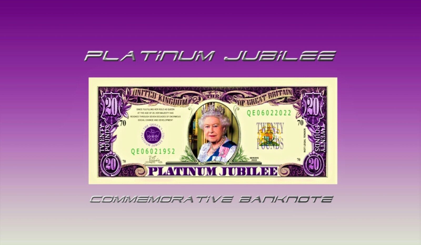PLATINUM JUBILEE 2022 *Special Edition* Purple £20 Commemorative Banknote ⭐⭐⭐⭐⭐
