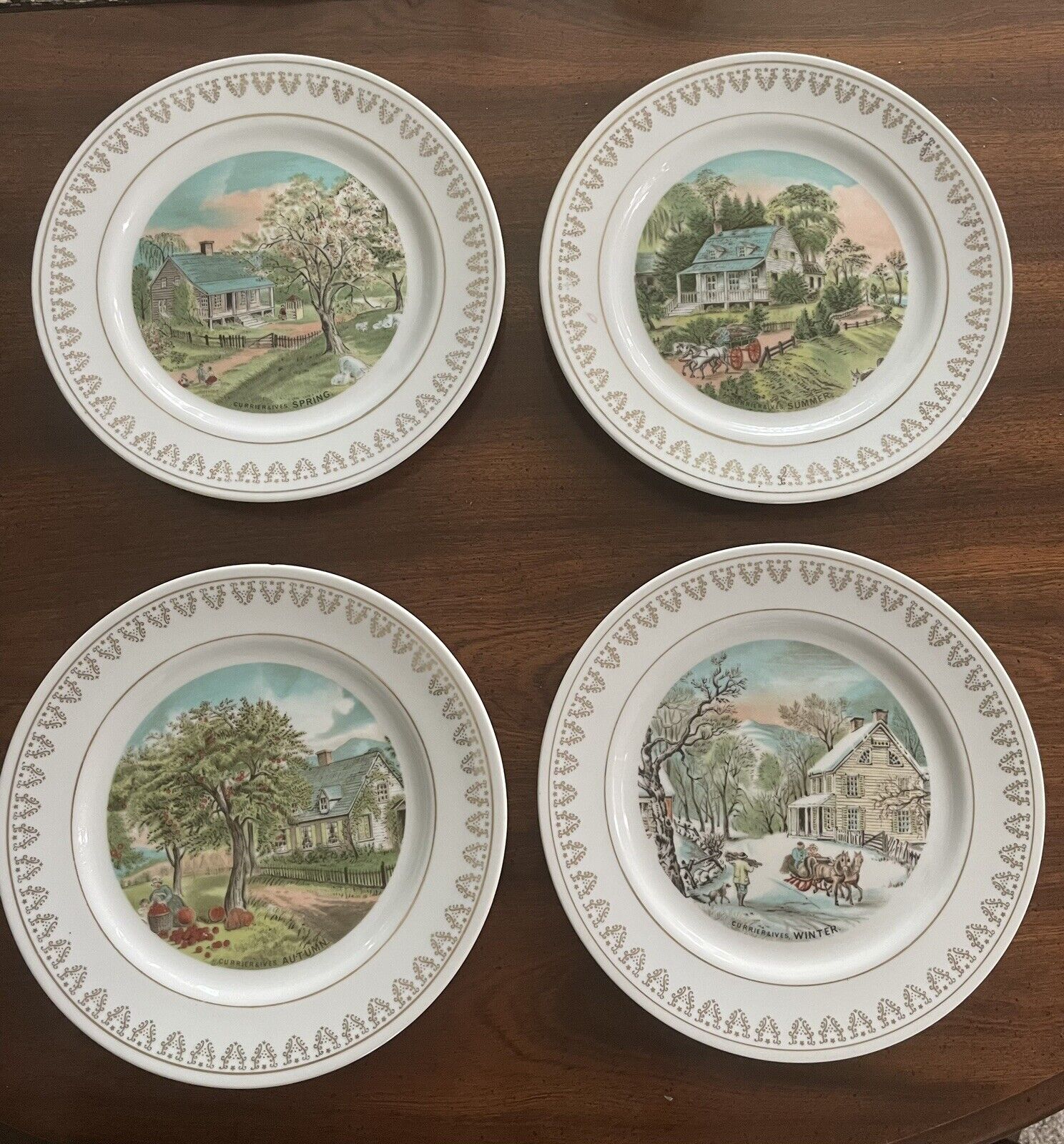 Set Of 4 Vintage Currier & Ives 4 Seasons Bone China 8”  Plates