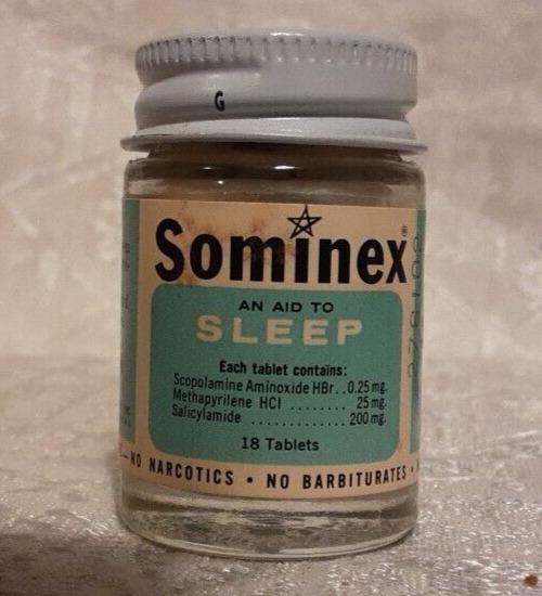 Vintage 1961 Sominex Sleep Aid Bottle - Metal Cap - Original Box & Instructions