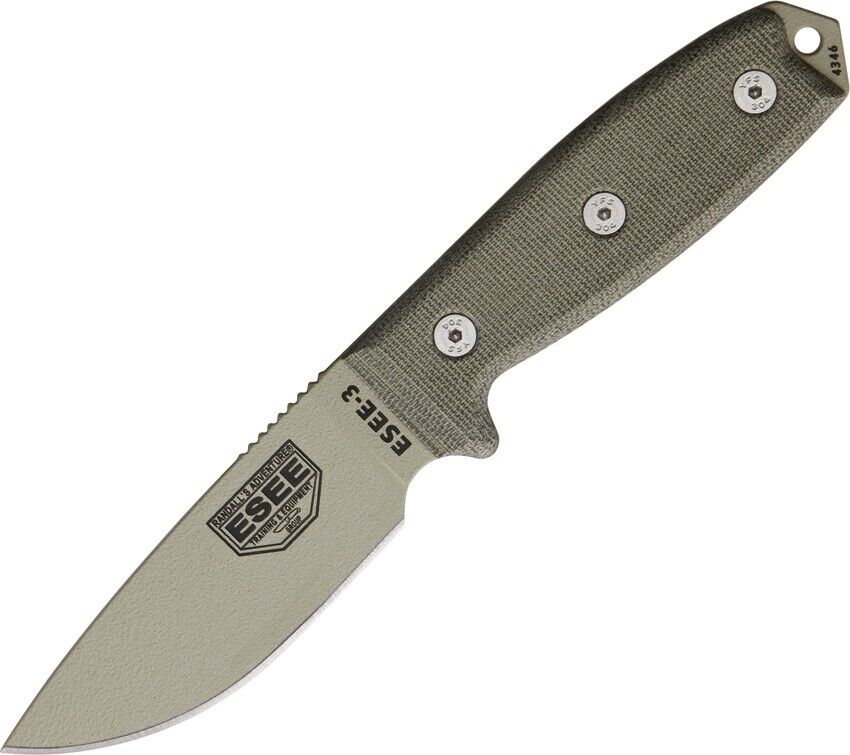 ESEE Model 3 Fixed Knife 3.75 Coated 1095HC Steel Full Tang Blade Micarta Handle