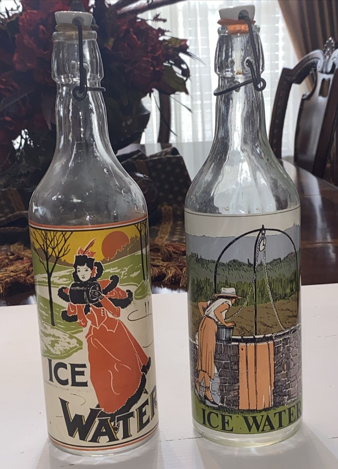 Vintage 2 Ice Water Bottles Porcelain Stopper Wire Top Caps Vivid Images Italy