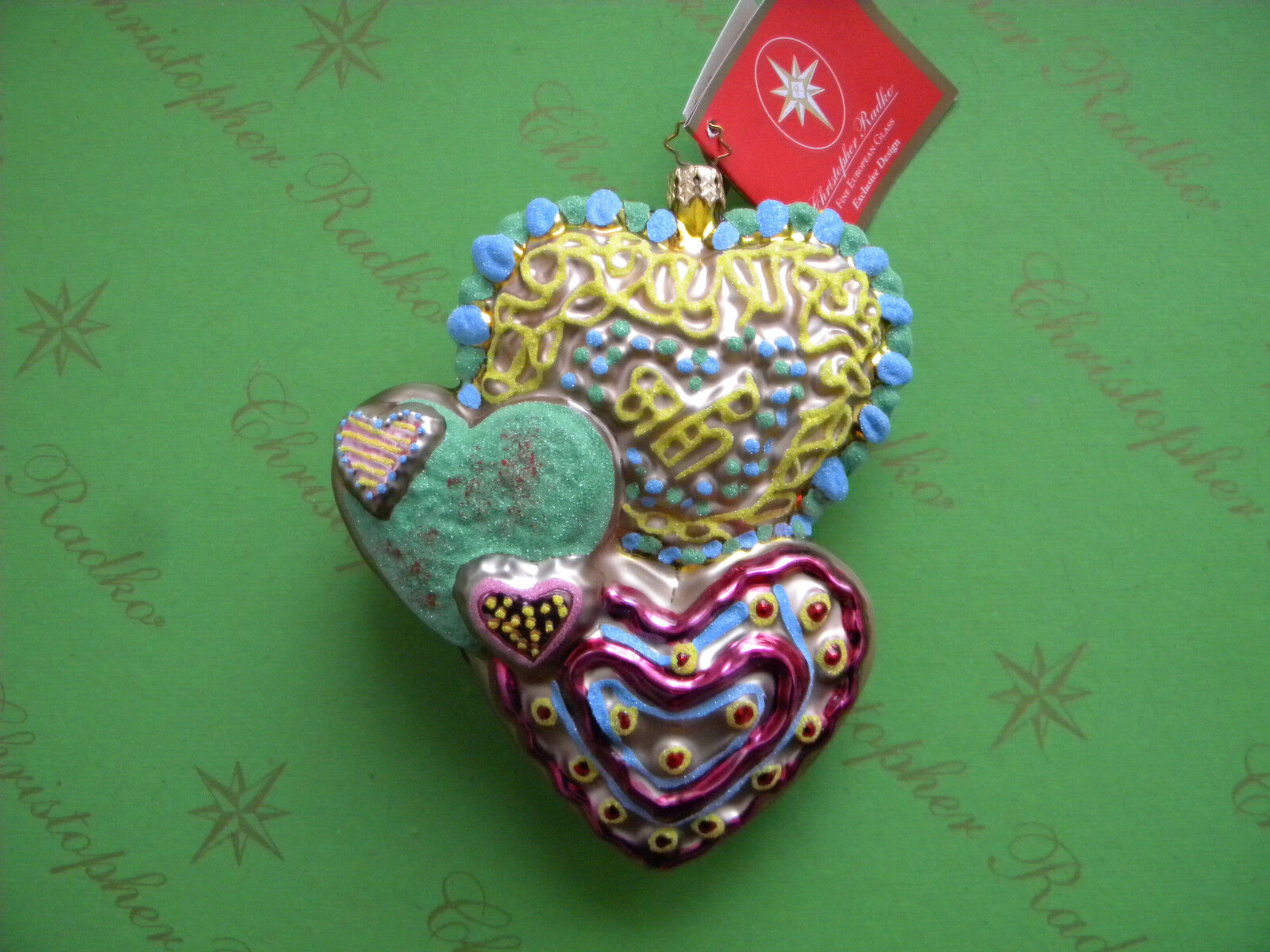 Valentine Christopher Radko Cookie Hearts Glass Ornament 