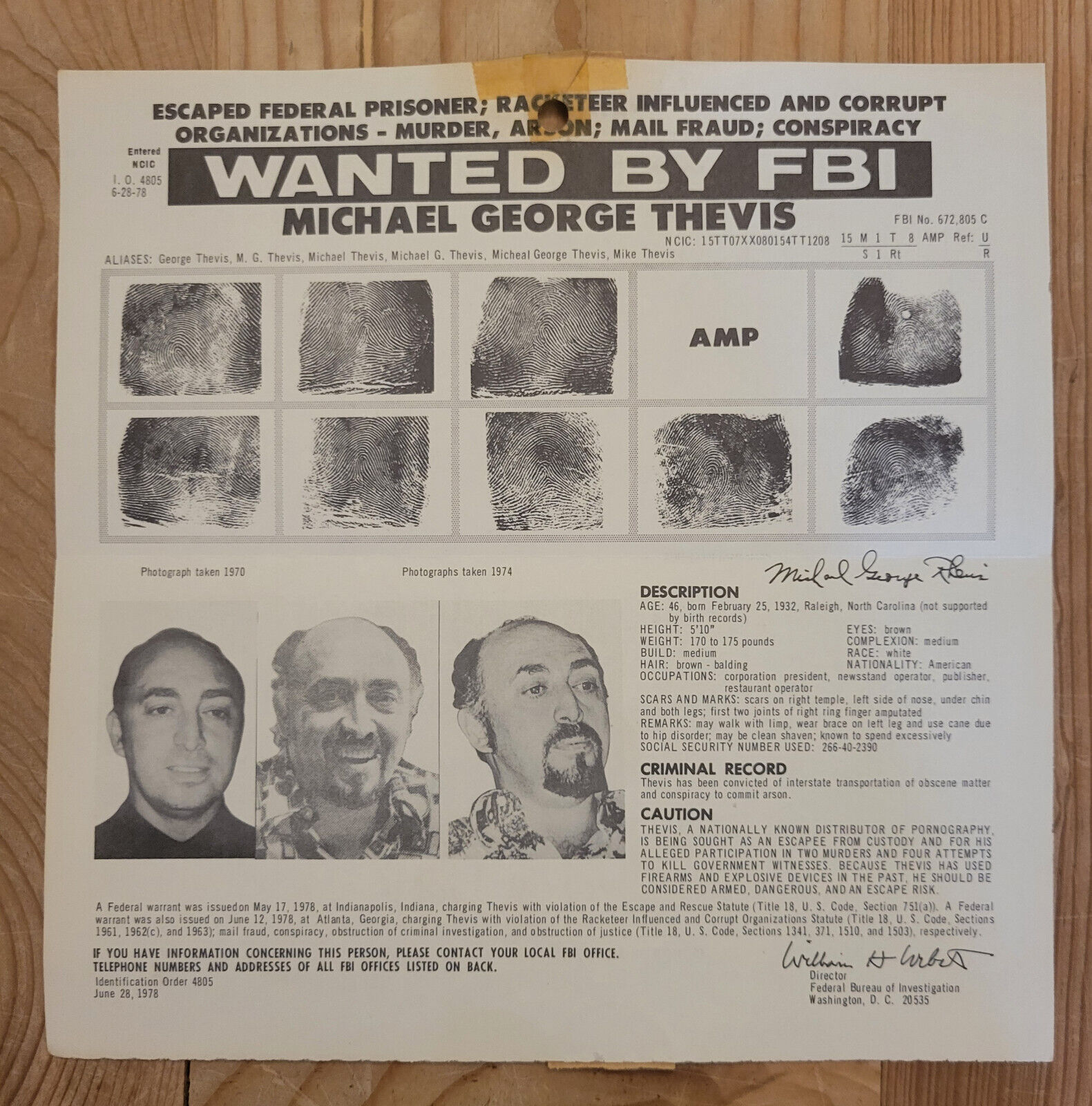 Michael George Thevis 1978 FBI Wanted Poster - The Scarface of Sex