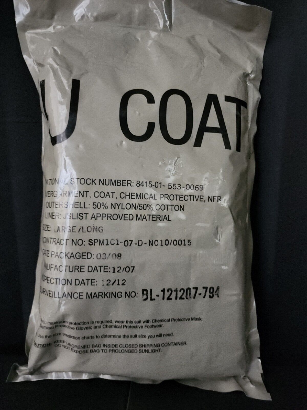 U COAT Overgarment Coat Chemical Protection NFR Large Long