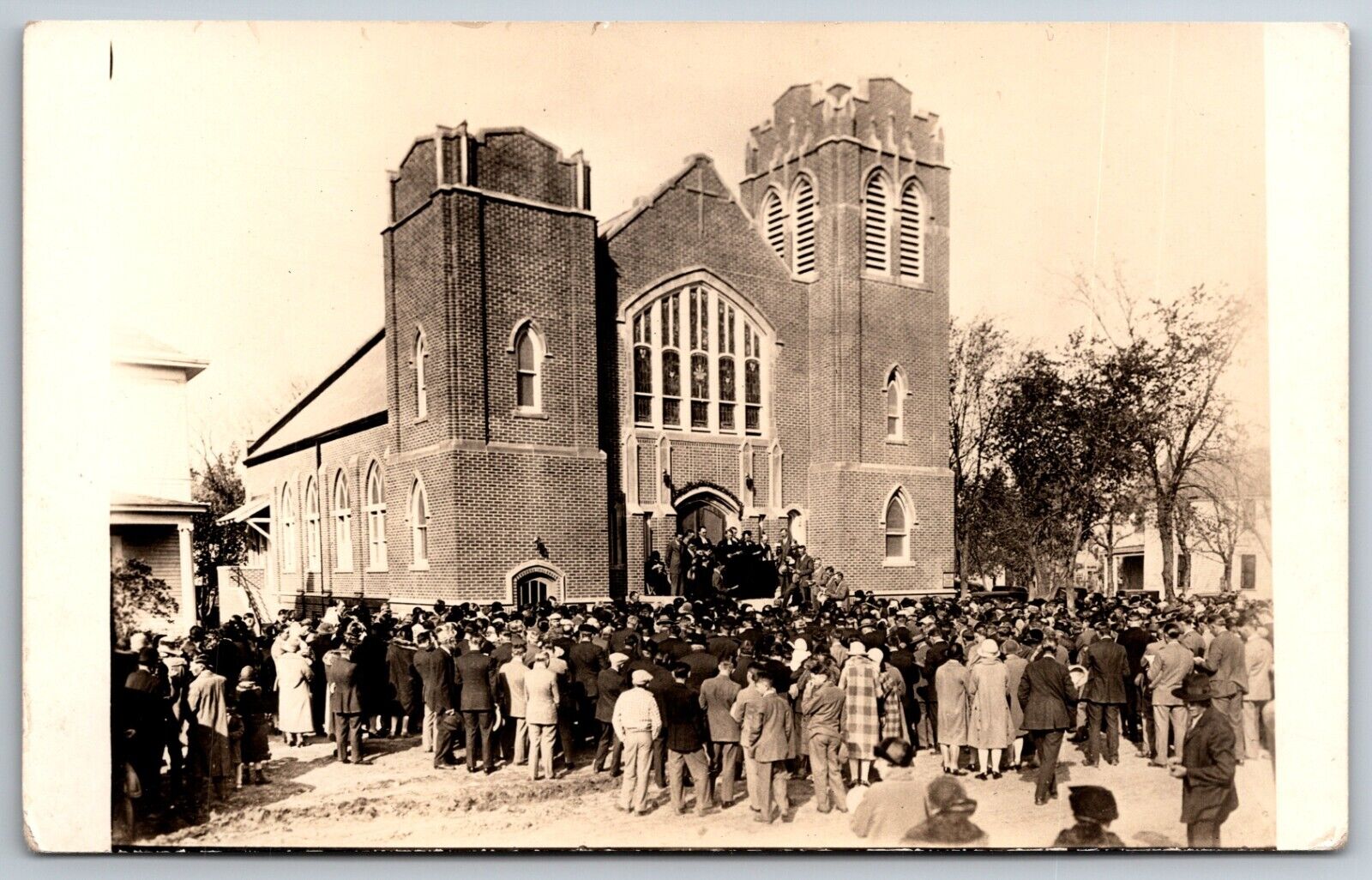 Early 1900s Crowd Outside Brick Church Dedication Perhaps? RPPC Postcard